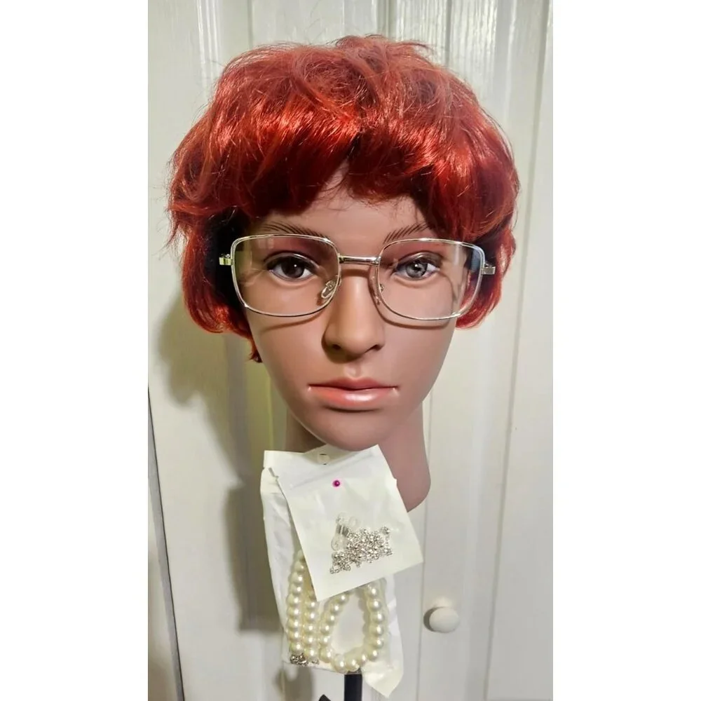 Short Red Wig Glasses Teacher Librarian Grandma Lady 100 Days of School Costume